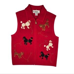 Vintage 90's Lisa International Boiled Wool Red Poodle Dog Vest sz M